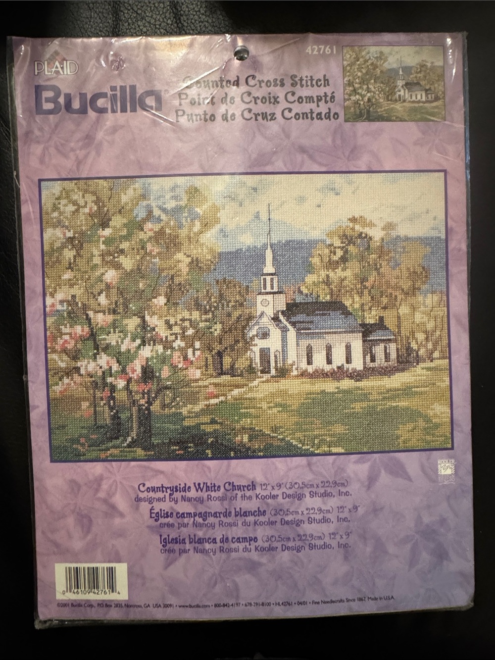 Bucilla Countryside White Church Cross Stitch Scene in Green, Blue, Pink, Cream